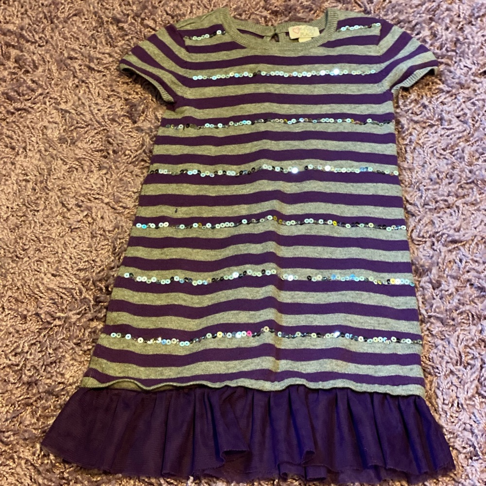 Childrens Place purple and gray striped sequin dress size S 5/6 👗 ✨